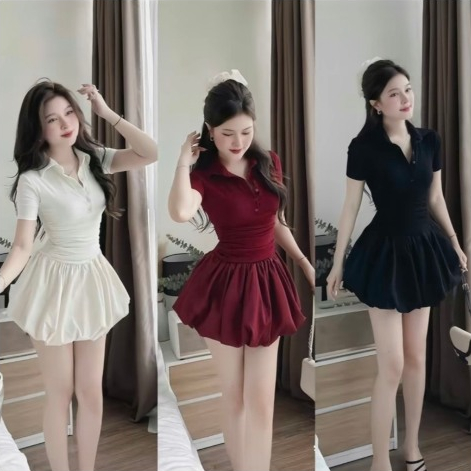 ชุดเดรสคอปก Cute Tung Bi (พร้อมกางเกงป้องกัน)