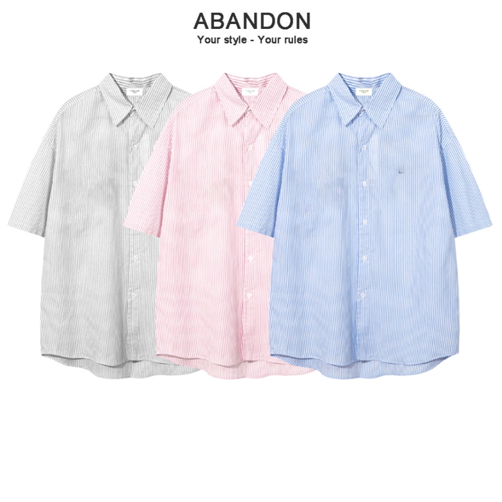 Local Brand Unisex Form Oversize Plaid Short Sleeve Shirt 3 สี น้ําเงิน ชมพู เทา ABandon A8
