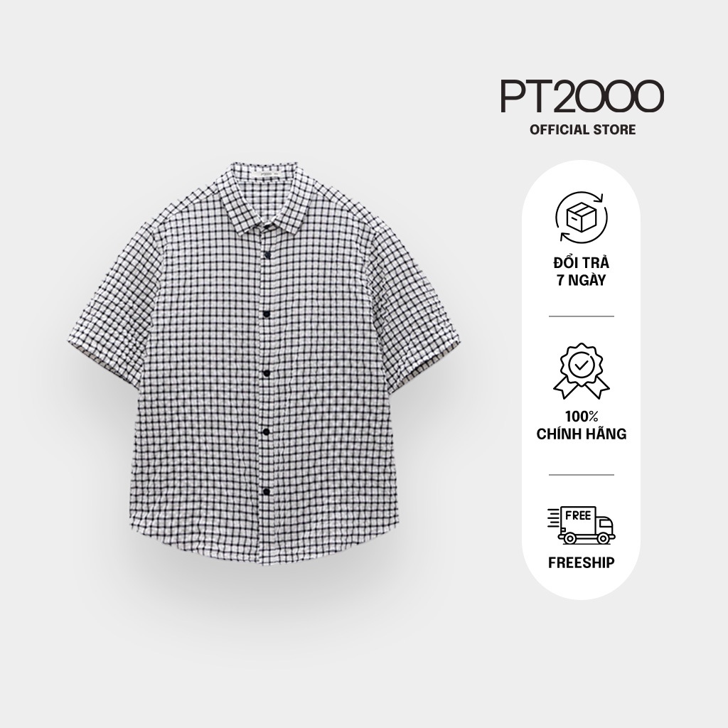 เสื้อเชิ้ตลายตารางหมากรุกผู้ชายแขนสั้น PT2000 ผ้าคอตตอนเท่ๆ อ่อนเยาว์ (SMM-N900)