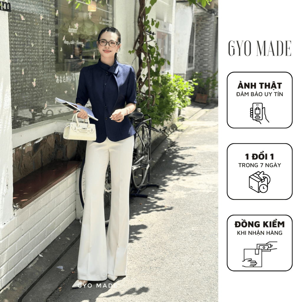 กางเกงขายาวขาบานผู้หญิง GYOMADE สีครีม แฟลต วัสดุผ้าฝ้ายคุณภาพสูง | GQ002C