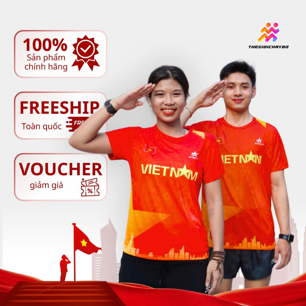 Athlet Vietnam เสื้อยืด Unisex เสื้อวิ่ง - เย็น บาง เบา แห้งเร็ว ดูดซับได้ดี ลดการเสียดสี