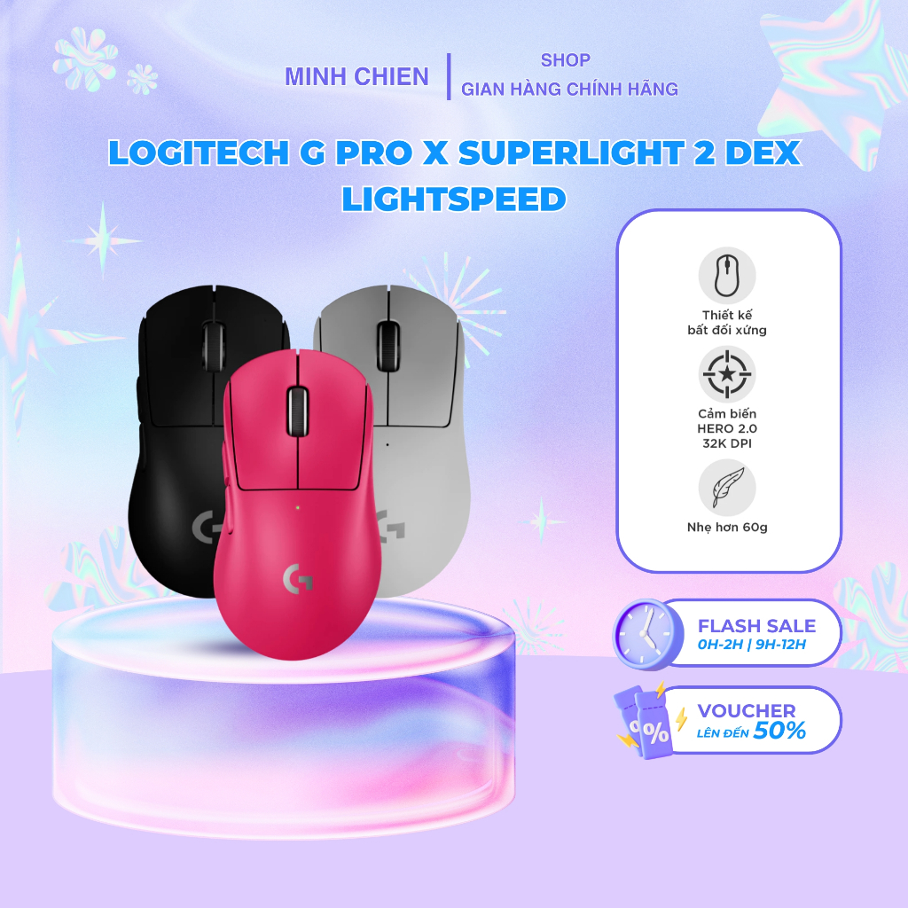 เมาส์เล่นเกมไร้สาย Logitech G PRO X SUPERLIGHT 2 DEX LIGHTSPEED น้ําหนักเบา 60g, Hero 2 DPI, USB-C