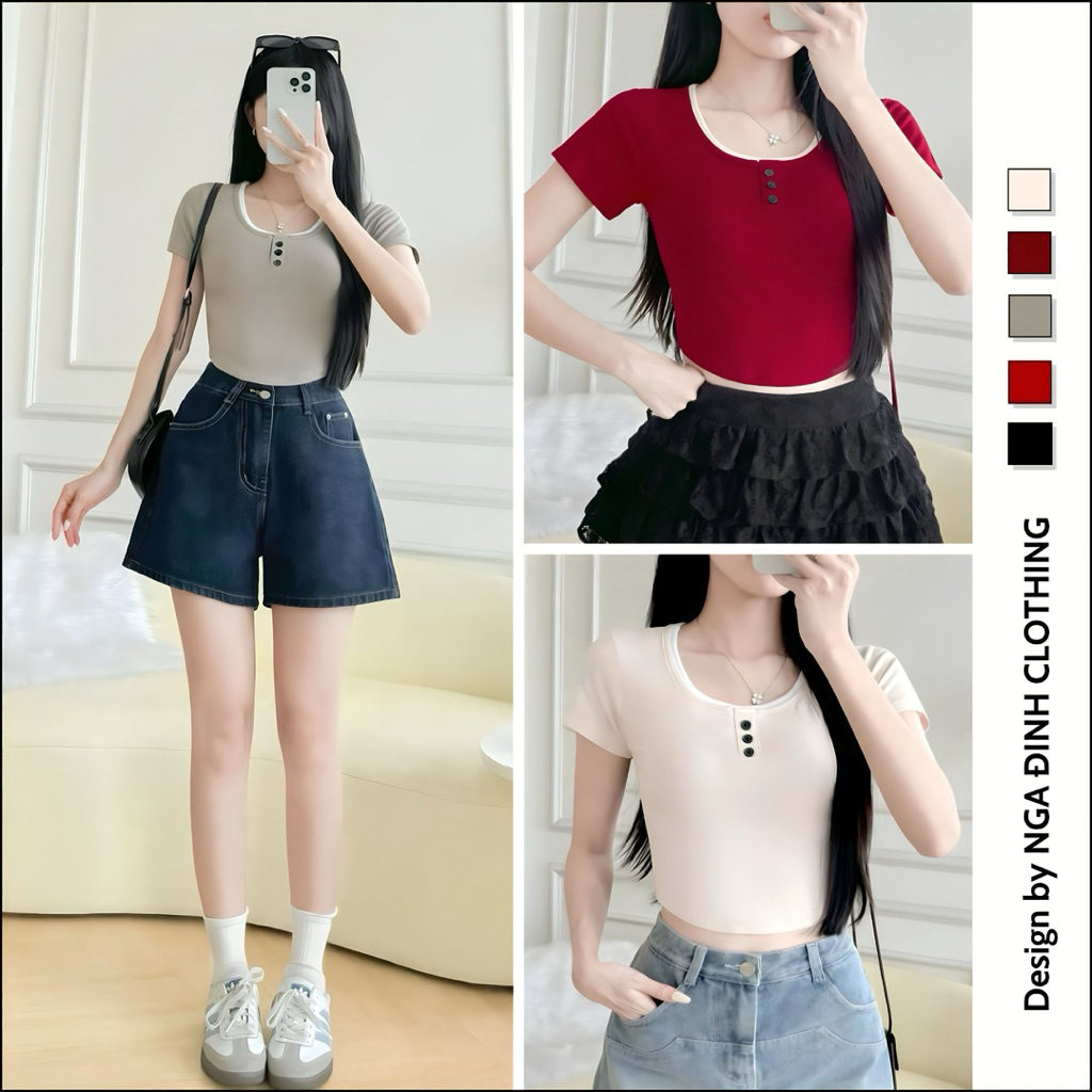 เสื้อยืดคอเหลี่ยมแขนสั้นกระชับสัดส่วนสําหรับผู้หญิง NGA DINH CLOTHING ทําจากผ้าฝ้ายเนื้อนุ่ม