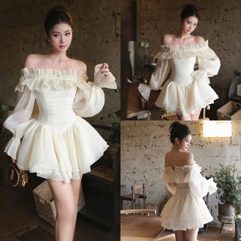 [GIVE PANTS/READY] ชุดเดรสแขนยาวเปิดไหล่เจ้าหญิงเลดี้สุดสวยพร้อมไข่มุก MS101