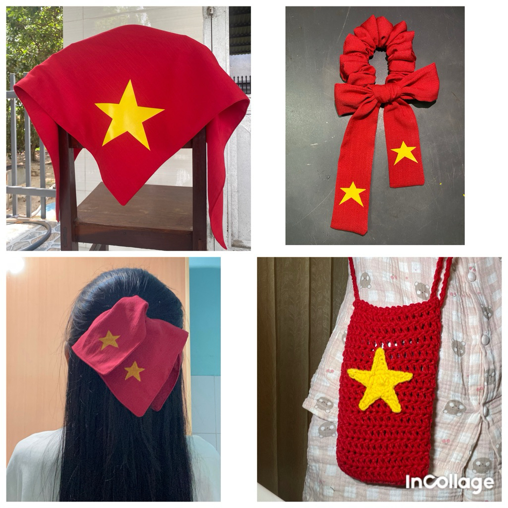 ผ้าผูกผมทรงสี่เหลี่ยมธงชาติเวียดนาม - ผ้าพันคอสามเหลี่ยมธงเวียดนาม (YELLOW STAR HEAT PRINTED PVC)