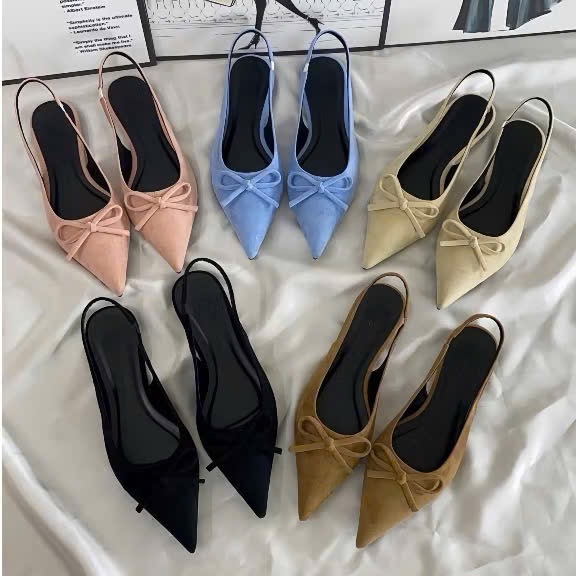 รองเท้าส้นแบนหัวแหลมหนังกลับหรูหราสําหรับผู้หญิงพร้อมโบว์ผูกนางสาว Dep Store CD147 รองเท้าตุ๊กตาโบว์