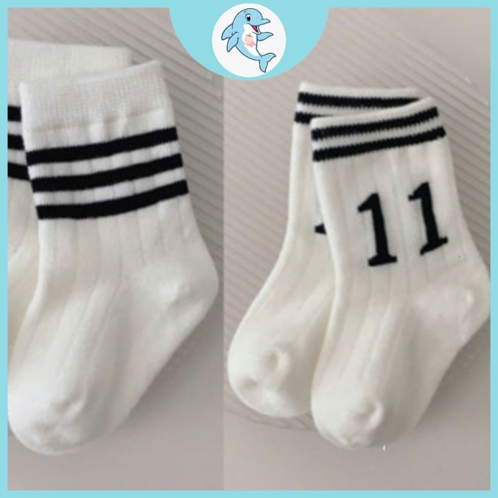 ถุงเท้าสีขาวล้วนแถบดําและคอปกสูงสําหรับเด็กชายและเด็กหญิง | ถุงเท้าผ้าฝ้ายแบบหนาให้ความอบอุ่น ชุดเกาหลีน่ารักรวมกัน ปลาโลมา น่ารัก
