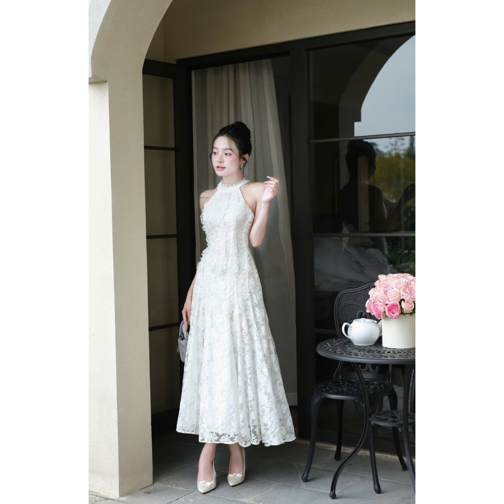 แม็กซี่เดรสลูกไม้น่ารักคล้องคอและลูกไม้บาน-HKT2T-Store