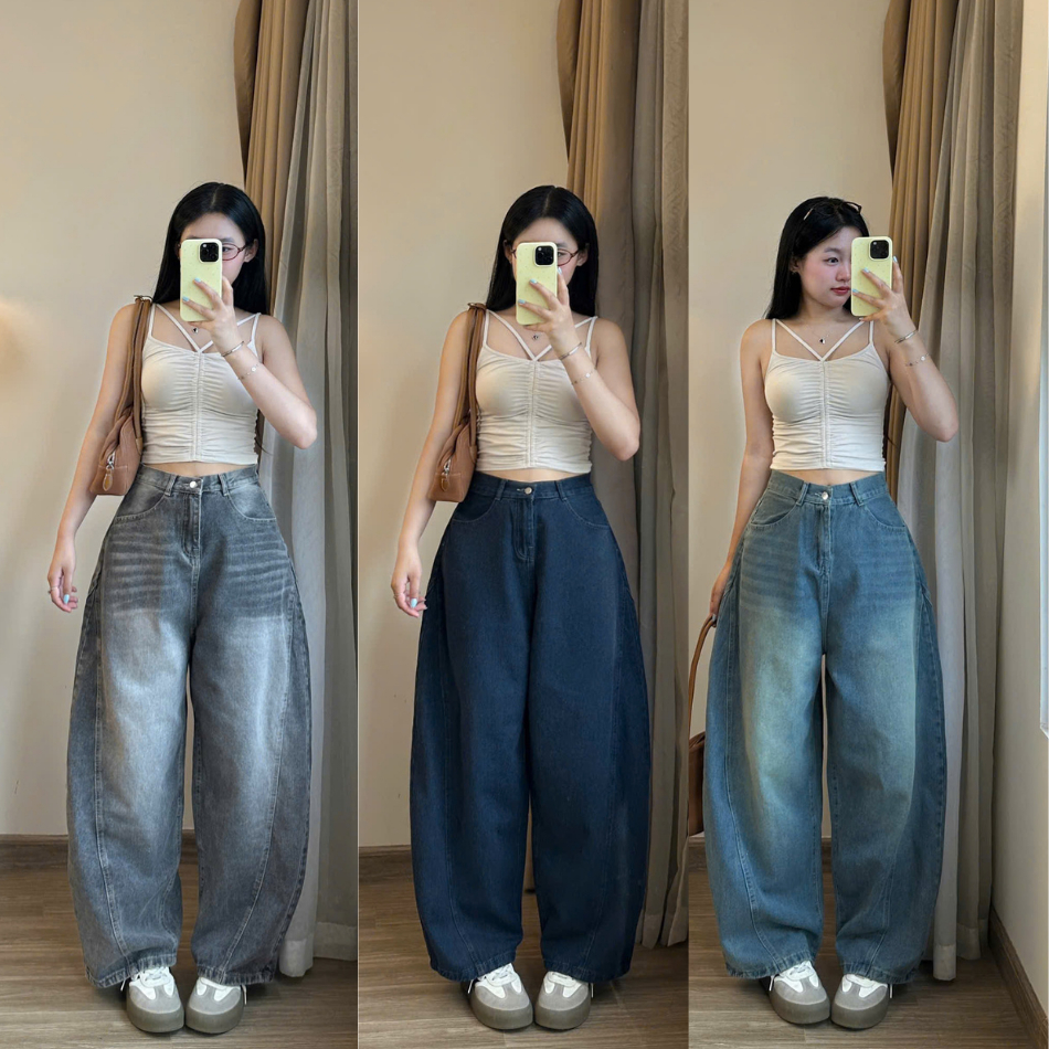 กางเกงยีนส์โค้งขากว้างแบบใหม่และมีสไตล์สําหรับผู้ชายและผู้หญิง QJeanboi1208_P7K5