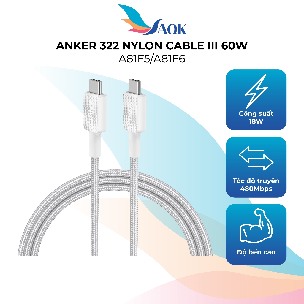 สาย USB Type-C to Type-C Anker 322 สายไนลอน III 60W 0.9m A81F5/1.8m A81F6 - สินค้าของแท้