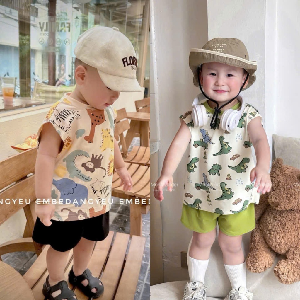 ชุดสามชิ้นน่ารักสําหรับเด็กพิมพ์ลายสัตว์น่ารักคละสีขนาด8-20กิโลกรัม