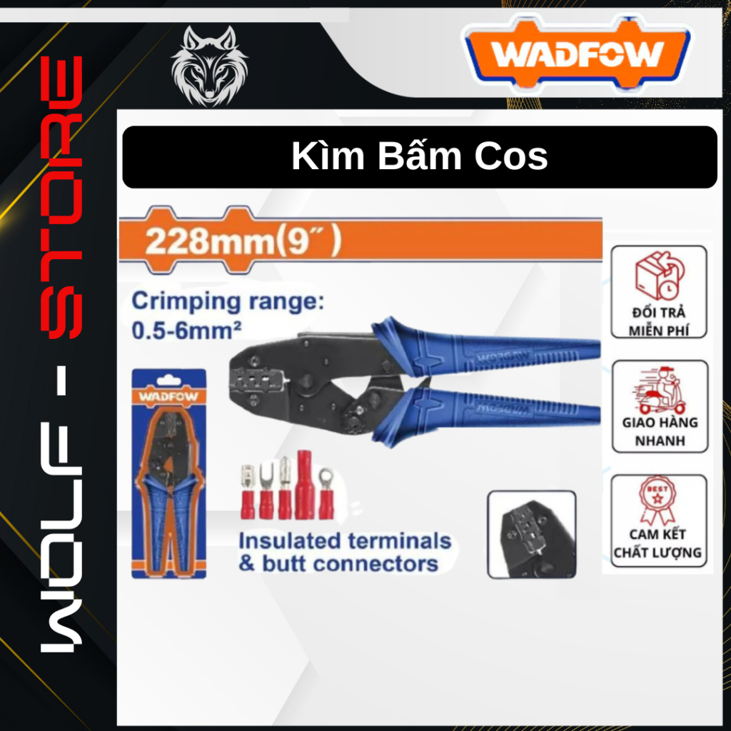 Cos WADFOW WCP1609 คีมกด (9"/228mm), ระยะกด 0.5-6mm2, เฉพาะสําหรับหัว Cos เปลือยไม่มีฝาครอบ