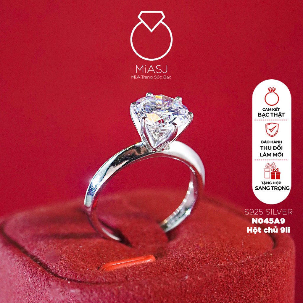 N045A9 - S925 แหวนเงินหิน CZ คุณภาพสูง 9 มม. MiASJ