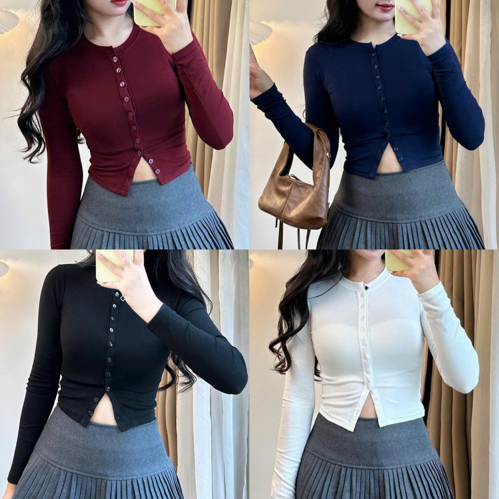 247store เสื้อยืดแขนยาวบอดี้คอนพร้อมปุ่มด้านหน้า 247store เสื้อพื้นฐานเสื้อโค้ทง่ายเสื้อคาร์ดิแกนฤดู