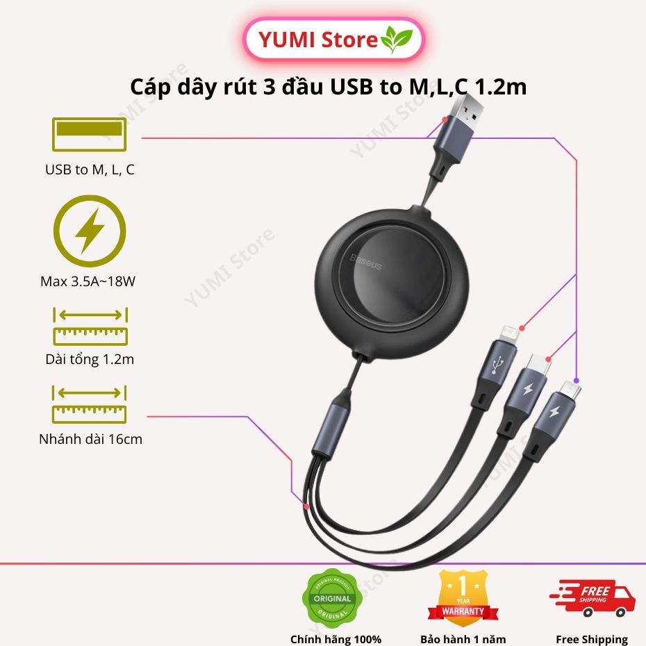 Baseus Bright Mirror 3 in 1 USB to Micro, L,C 3.5A/1.2m สายชาร์จแบบมีเชือกรูด 3 หัว