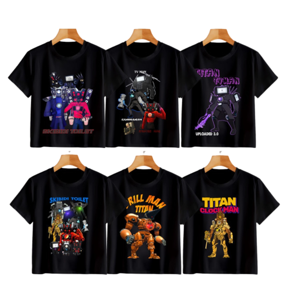 Titan Clock Man Titan TV Man Titan Cameraman LV3 เจาะ Man Skibidi Toilet เสื้อยืดสีดําสําหรับเด็ก NT