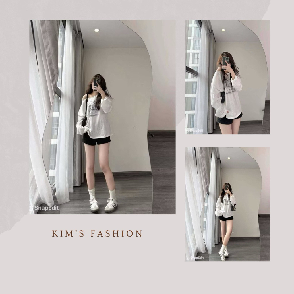 เสื้อยืดเปิดไหล่แขนยาวพิมพ์ลาย เสื้อยืดบางกระดาษเซ็กซี่หลวม