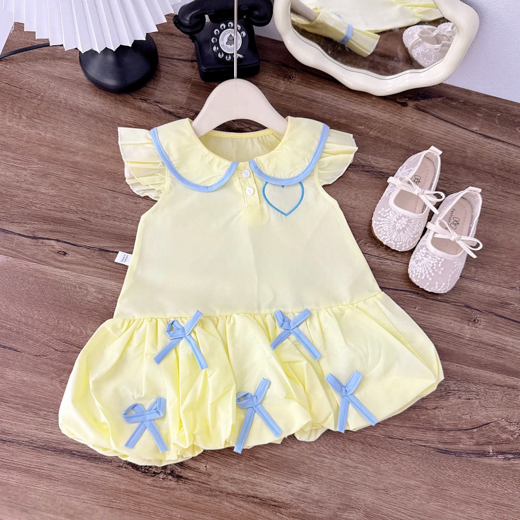 ชุดเด็กผู้หญิง-ชุดเดรสเด็กผู้หญิงปีกนางฟ้าพร้อมคอปกระบายปักหัวใจและโบว์พร้อมกระโปรงพองสําหรับเด็กตั้งแต่ 1 ขวบถึง 7 ขวบ - รูปที่ 7