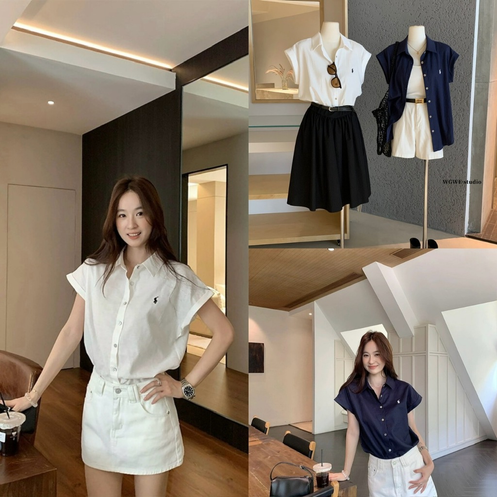 |WGWE WGWE| เสื้อเชิ้ตแขนสั้นสําหรับผู้หญิงพร้อมปักลายสไตล์เกาหลี PATTERNS 6637