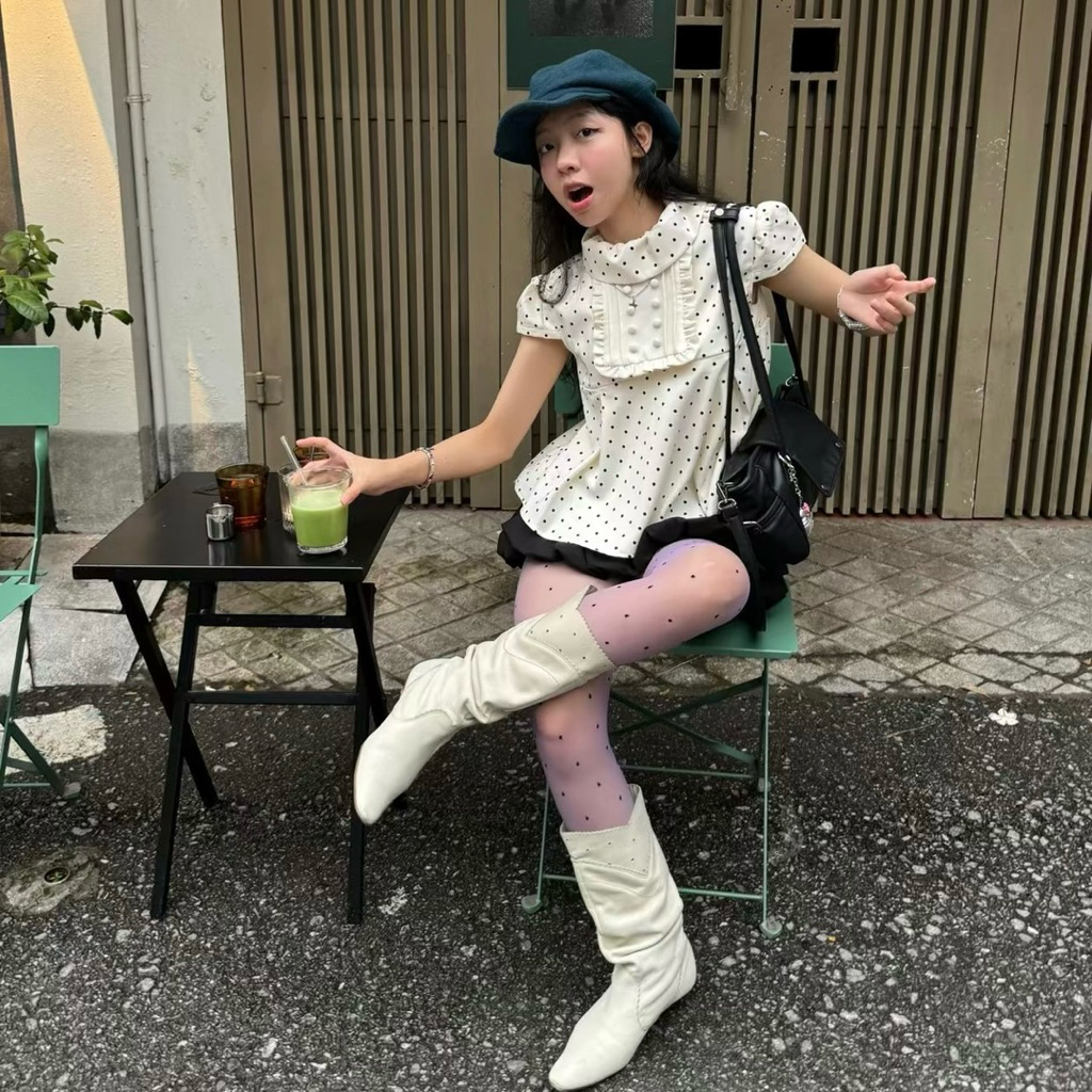 เสื้อจุดเลยา | เสื้อเชิ้ตลายจุด Mania Cutie คอปกทักซิโด้หลวม