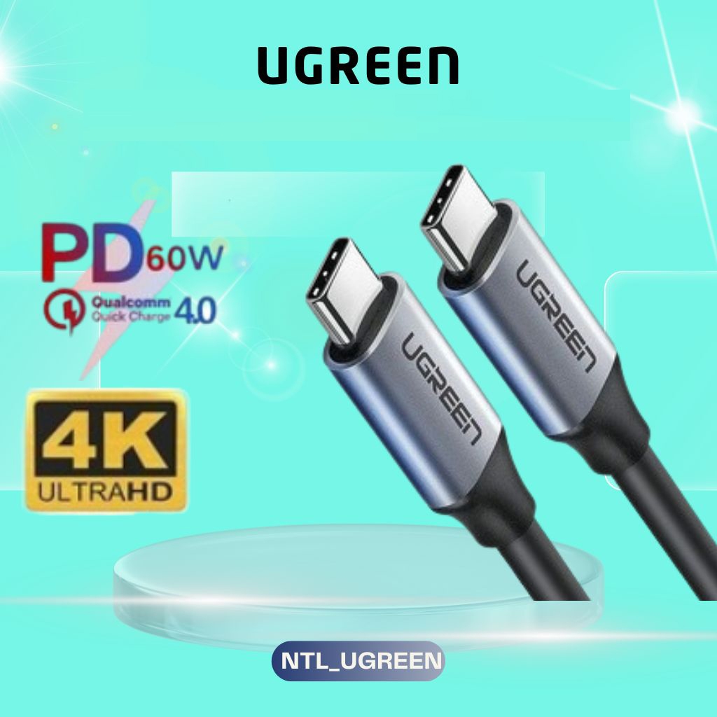 Ugreen สาย USB C 3.1 รองรับ Thunderbolt 3 วิดีโอ 4K60Hz + เสียง PD60W 5V 3A, ชาย-ชาย
