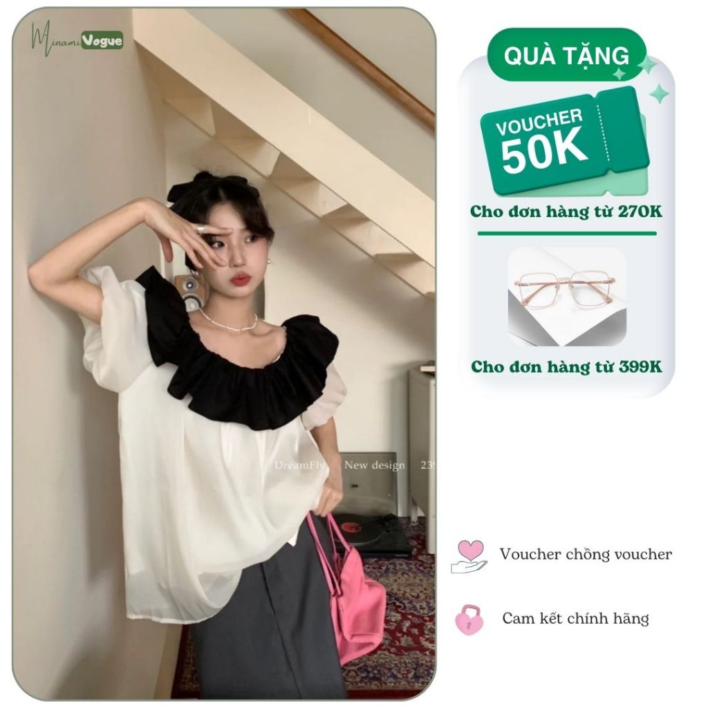 เสื้อชีฟองคอระบายสีดําและสีขาวสไตล์เลดี้เกาหลีที่มีรูปร่างคอนซีลเลอร์หลวม MINAMI VOGUE