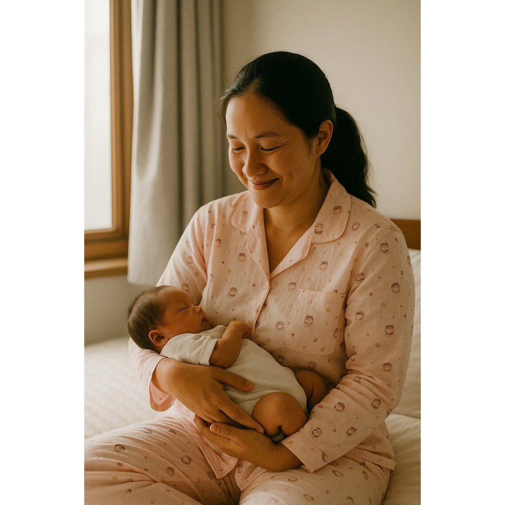 PREGANCY AND POST-BIRTH PIJAMA SET – COOL COTTON, ADORABLE PATTERNS, FREESIZE 50–65KG