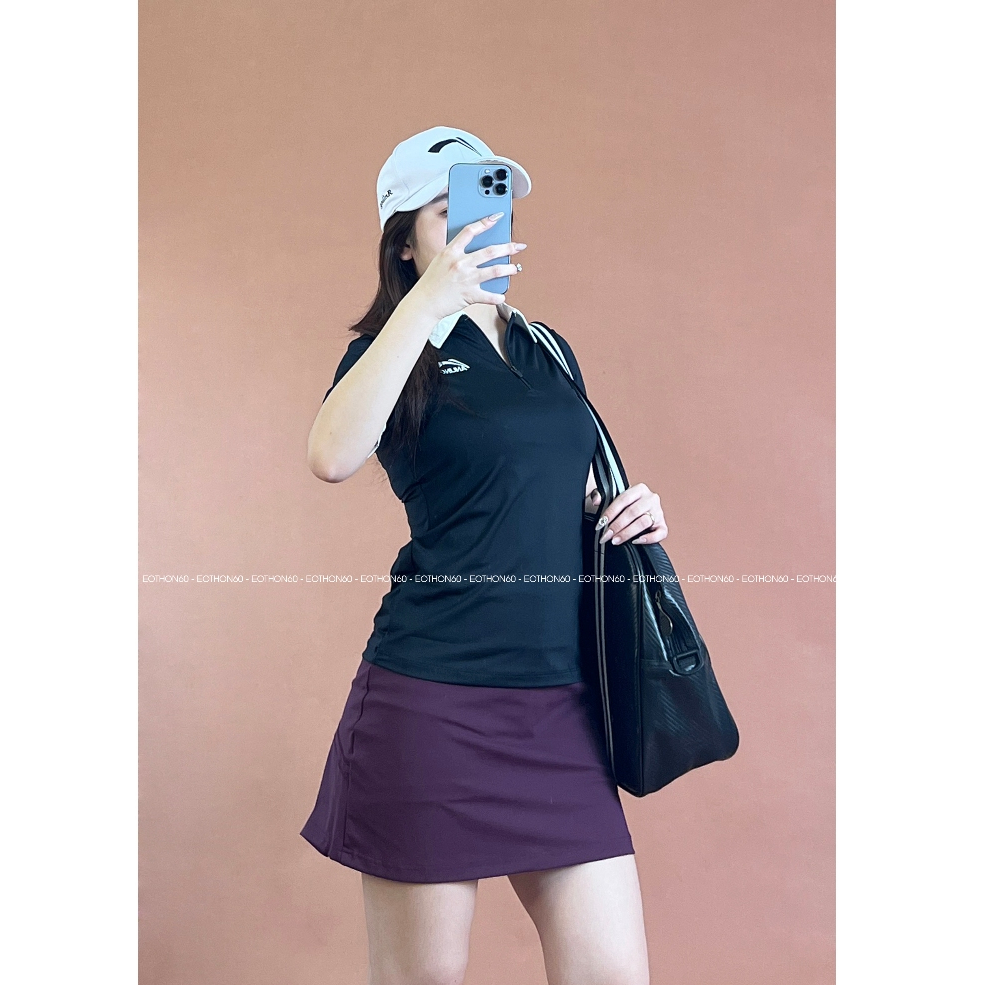 เสื้อคอปกโลโก้ Anling สีดํา กระโปรงสีม่วง CV10