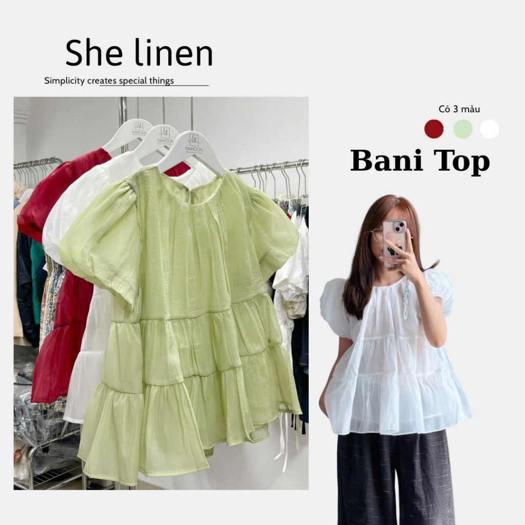 BANI TOP - เสื้อเชิ้ตเบบี้ดอลล์แขนพัฟผ้าลินินฟรีไซส์