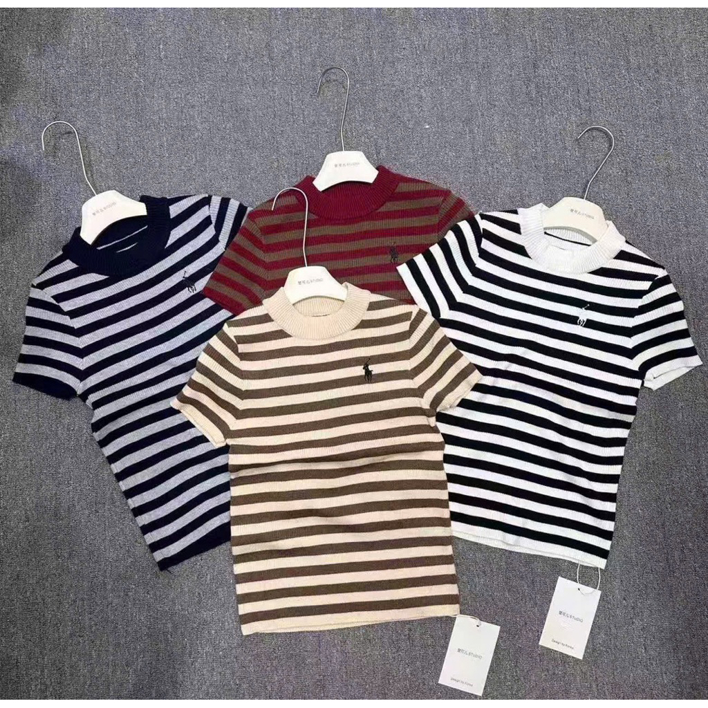 สเวตเตอร์ Mtg ลายทางแนวนอน ปักม้า คอ QC ฟรีไซส์