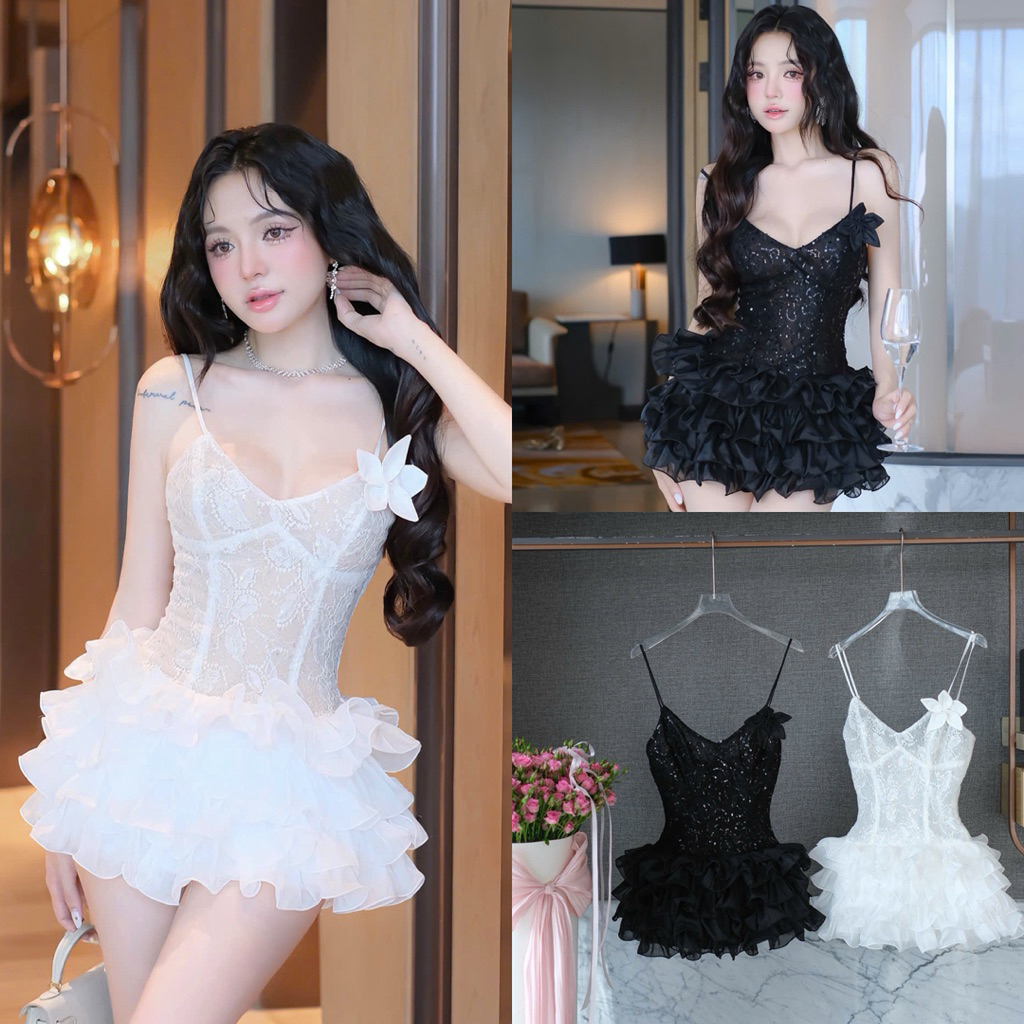 ชุดเดรสลูกไม้ลายดอกไม้น่ารักพร้อม Ruffles และ Ruffles