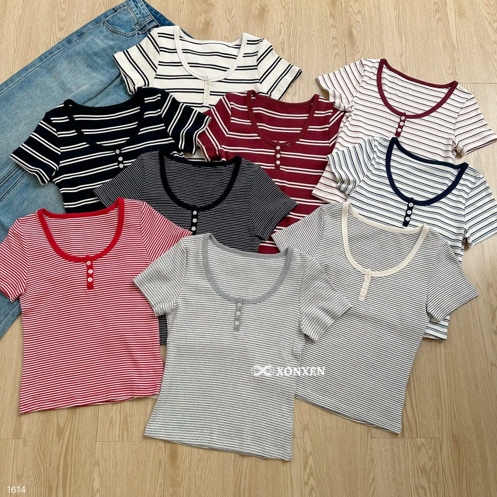 เสื้อยืดจั๊มลายทางคอปกและกระดุมกว้าง 1614 XonXen 299PCT