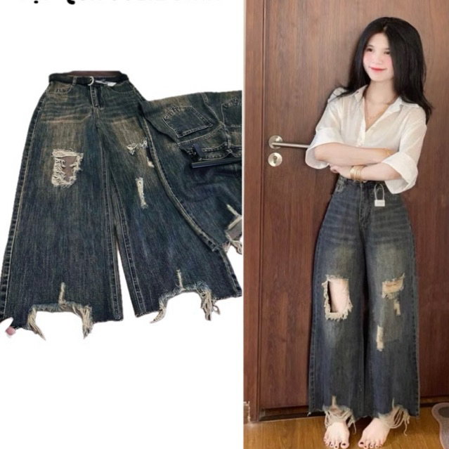 [M7] 97CM MUSHROOMS STRAIGHT JEANS Ripped with Squares at the Knees and Hems - CHU LU STORE