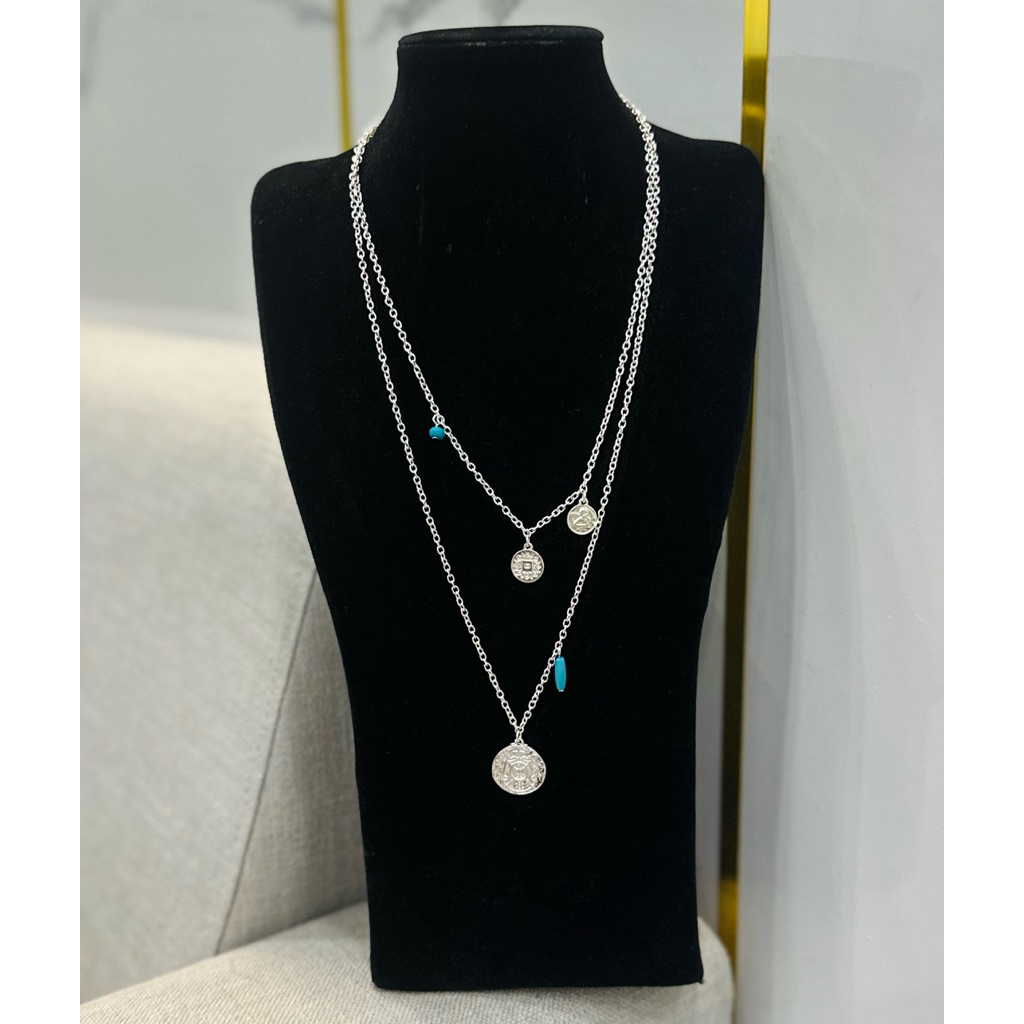 SILVER TONE METAL 2-LAYER LAYER LAYER NECKLACE