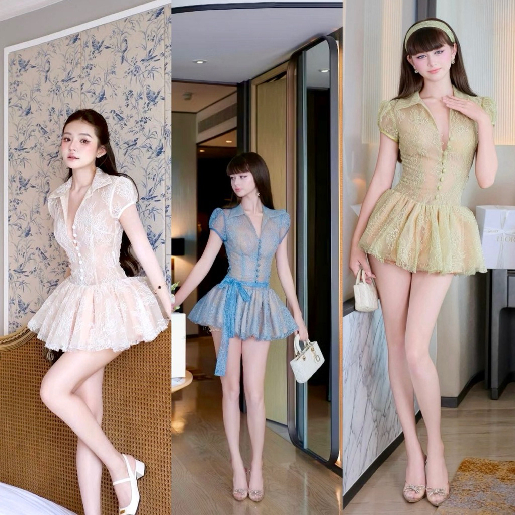ชุดเดรสเสื้อลูกไม้เลดี้มินิมีกระดุมและผ้าห่อตัวบาน-HKT2T-Store