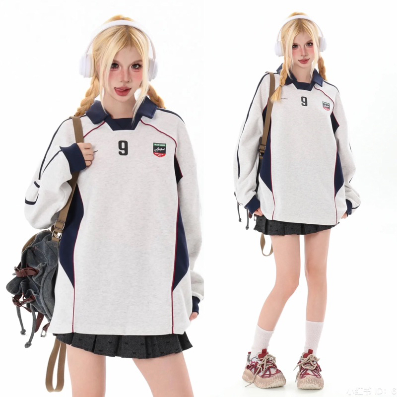 July7store - เสื้อสเวตเตอร์ปักลาย NUMBER 9 Racing Sport ทรงหลวม ผ้าสักหลาดผิว 2 แบบ unisex PEPPER GR