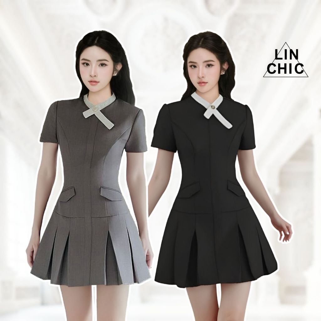 เดรสสายเดี่ยวจับจีบดีไซน์คอเฉียง เดรสสั้นเลดี้ Linchic V-VPC19