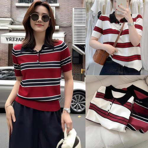 Mongtoghi เสื้อโปโลขนสัตว์ผู้หญิง,คอปกเปิด,แขนสั้น,เฮ็มน้ําหนักเบา,ผสมลายทาง 2 สี_B1T24