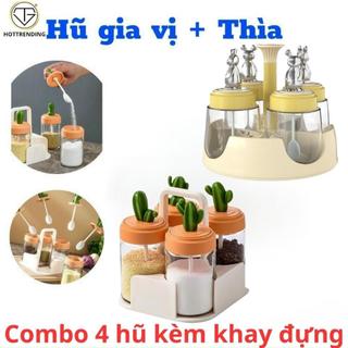 Combo 4 Hủ Đựng Gia Vị Kèm Khay Chống Tràn Cao Cấp Tặng Kèm Khay Đựng Có Quay Xách