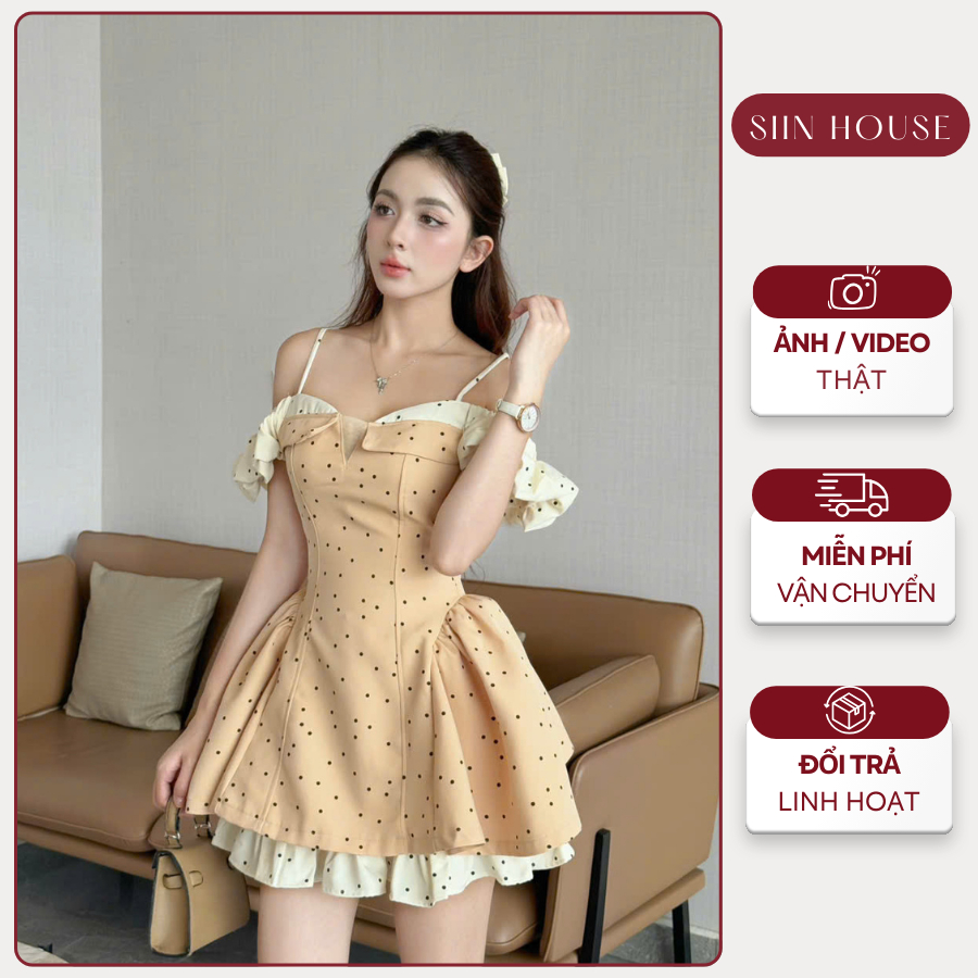 [รวมกางเกงกีฬา] Tisora Sandy Dress D0153 การออกแบบลายจุดปิดไหล่ Flare