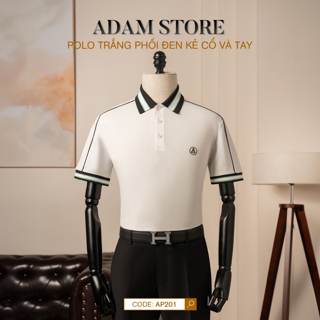 เสื้อโปโลผู้ชายสีขาวและสีดําพร้อมปกเสื้อและแขนเสื้อ AP201 ACTIVE และ HEALTHY