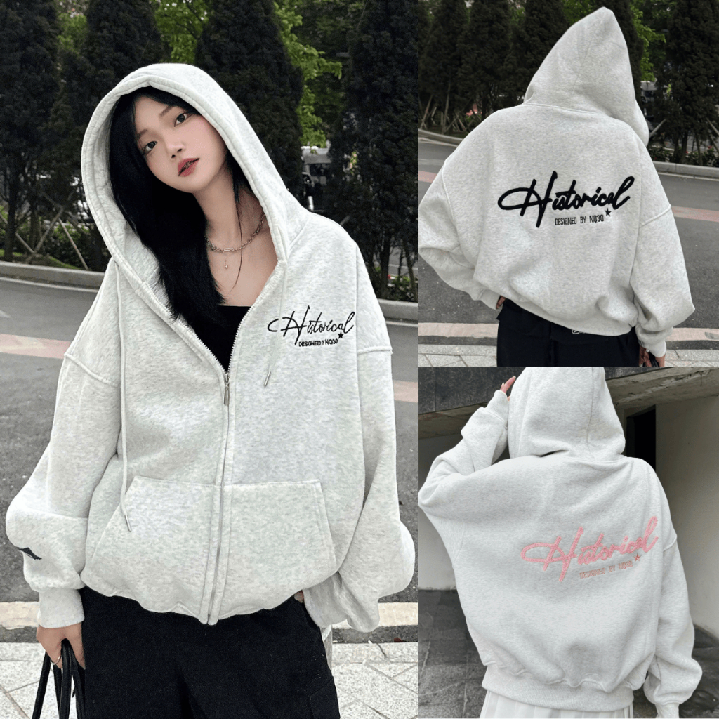 HISTORICAL Boxy Form Loose Form ปัก Zip Hoodie สําหรับผู้ชายและผู้หญิง Unisex ใหม่ 2026