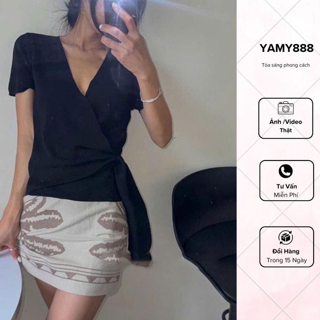 เสื้อยืดคอวีผูกเอว Bodycon Flattering Basic สีทึบ Easy to Coordinate M6115 - Yanmy888