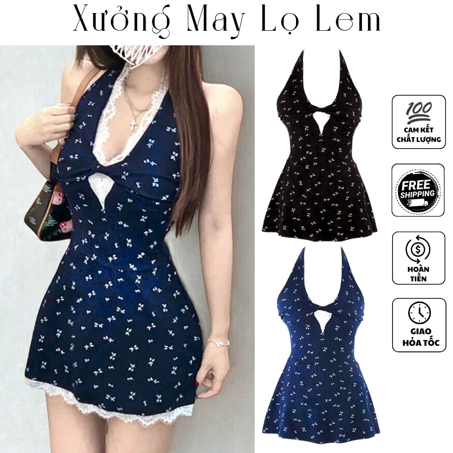 (HCMC EXPRESS) เดรสสั้นคอปกลูกไม้ลายดอกไม้ (รูปถ่ายจริง + คลิป) K6321_XUONGMAYLOLEM