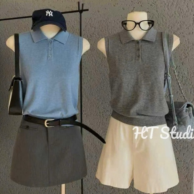 WGWE• เสื้อสเวตเตอร์แขนกุดคอโปโล mtg เรียบง่ายแต่สวย 6903 wgwe, QC freesize