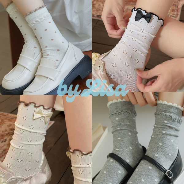 Lolita Style Frilly Womens Socks ทําจากผ้าฝ้ายยืด by.Lisa