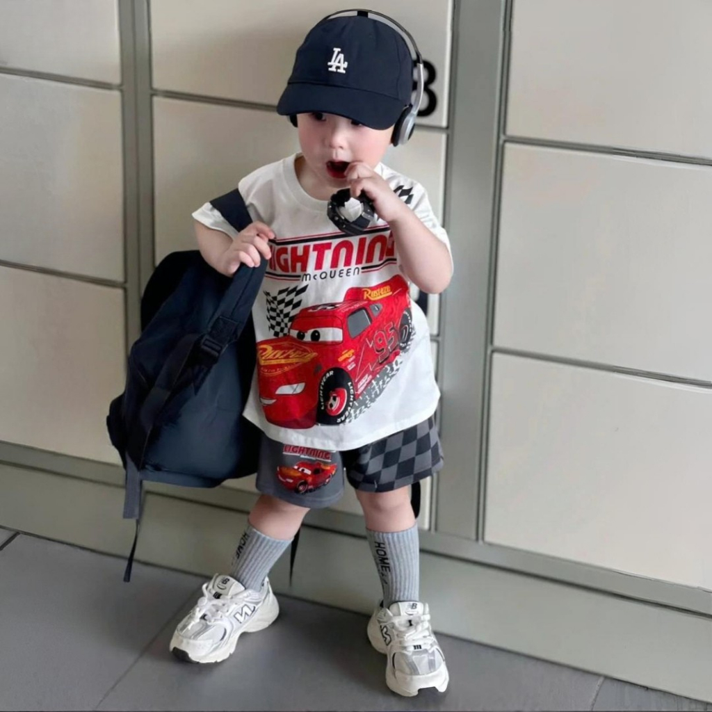 LIGHTNING Racing Car Boys Short Sleeve Set กางเกงขาสั้นทําจากผ้าฝ้ายยืด 4 ทิศทาง Ha Duyen Kids