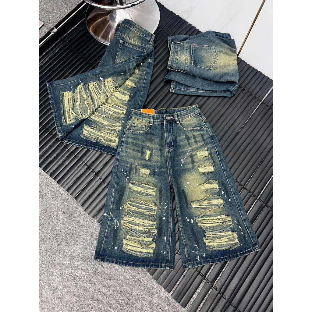 SML - Ripped Jeans - Black Painted Mix - โทนสีมอส CC Jeans นุ่ม สวย กางเกงยาว 60cm.