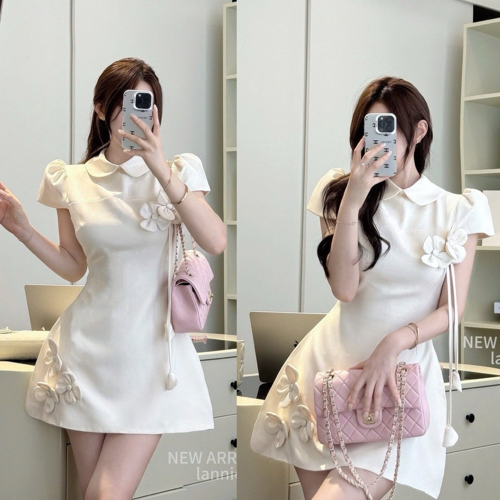 [V1.1050] ชุดเดรสดีไซน์ปกบัวทรงเอ 2 ชั้นสุดหรู