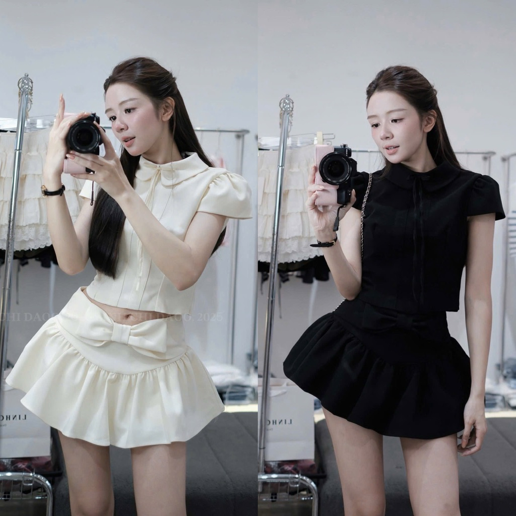 [ส2.4146] ชุดเบลเซอร์คอปกโครเชต์ผสมกระโปรงบานโบว์หรูหรา 2 สี (มีซับใน)
